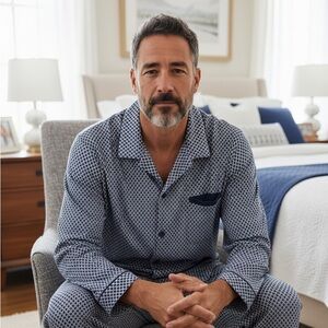 FRETTE mens Navy and White Geometric Button Down Pajama Shirt Size L French pjs